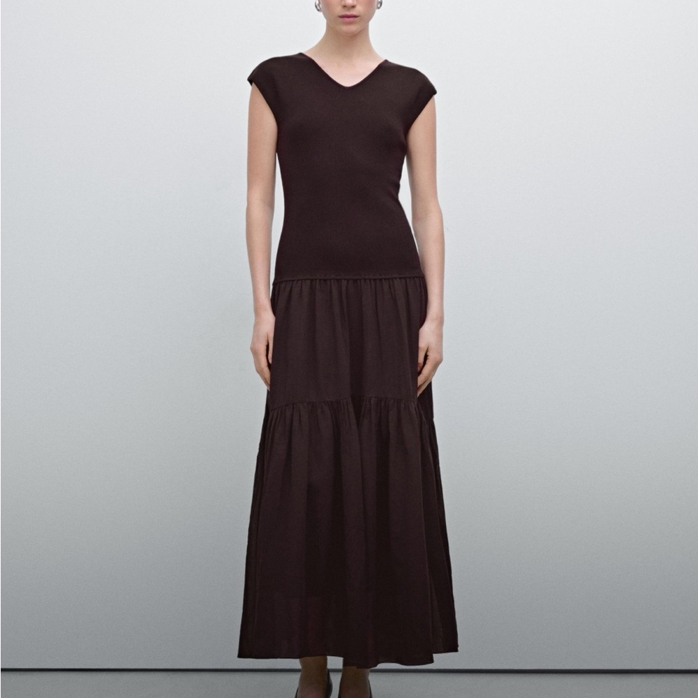 NWT Massimo Dutti Cotton blend contrast flounce dress plum color